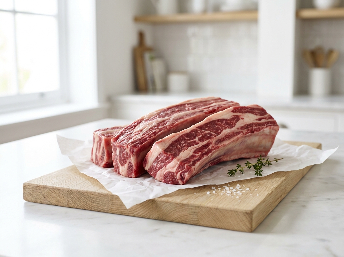 Plat de côtes de bœuf cru, le persillé en gros plan
