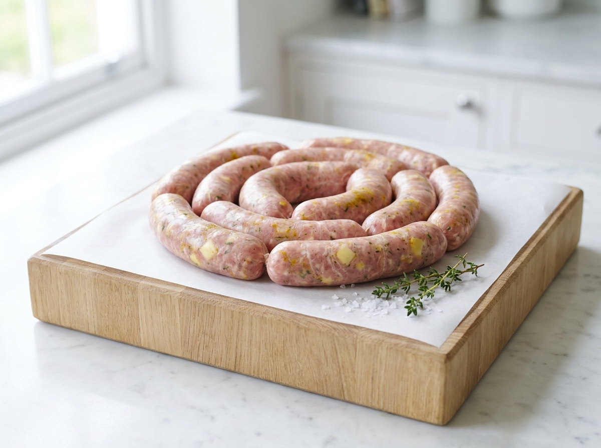 Saucisses de veau Maison (curry, provençale, fromage) halal, hors du pack