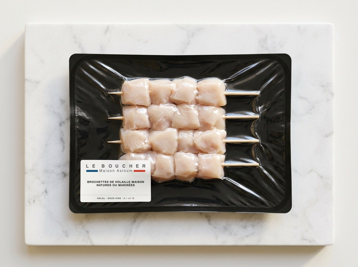 Brochettes de volaille Maison natures ou marinées halal sous vide