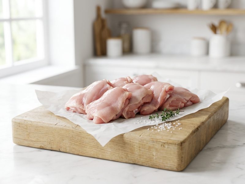 Cuisses de poulet désossées natures ou marinées halal, hors du pack