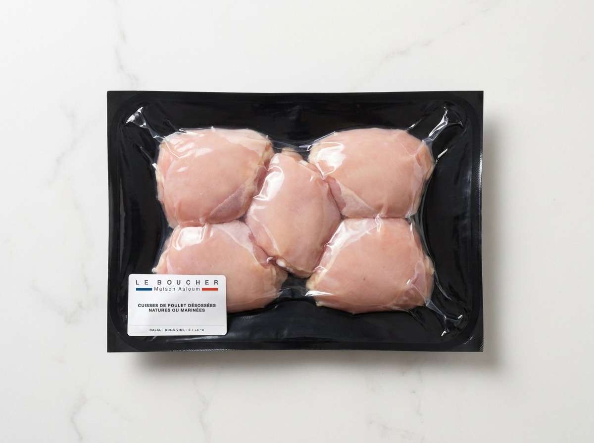 Cuisses de poulet désossées natures ou marinées halal sous vide