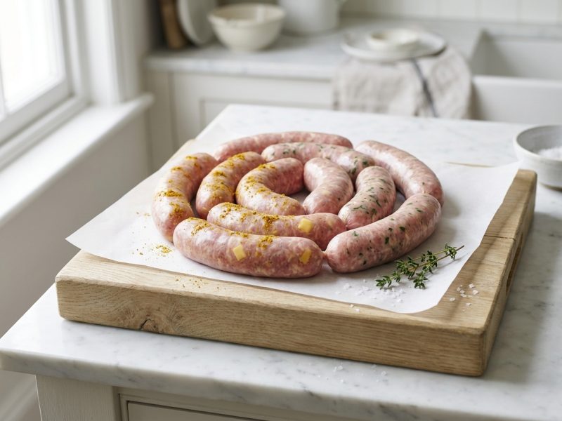Saucisses de volaille Maison (curry, provençale, fromage) halal, hors du pack