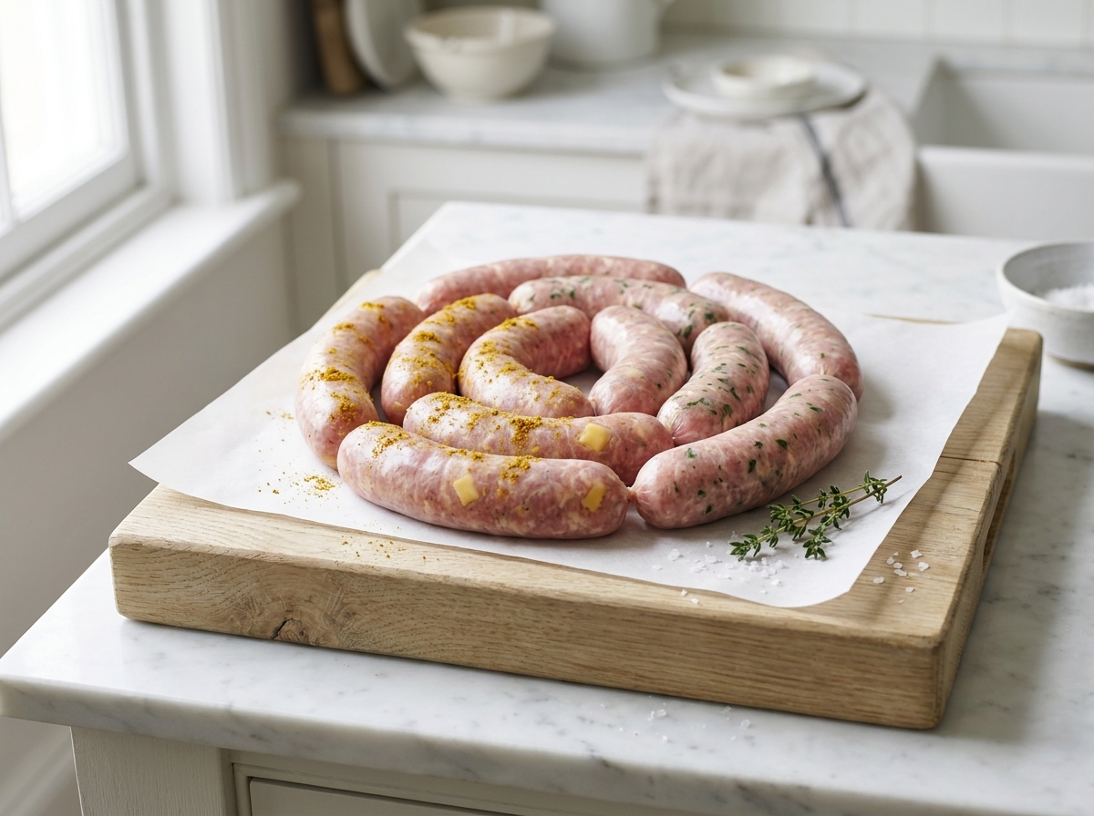 Saucisses de volaille Maison (curry, provençale, fromage) halal, hors du pack