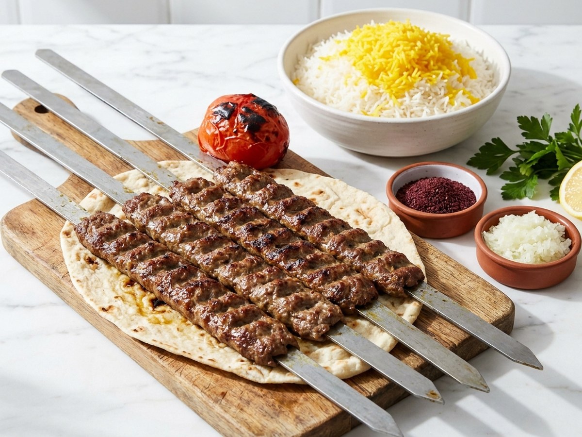 Le kebab koobideh : le haché qui tient sur la brochette plate