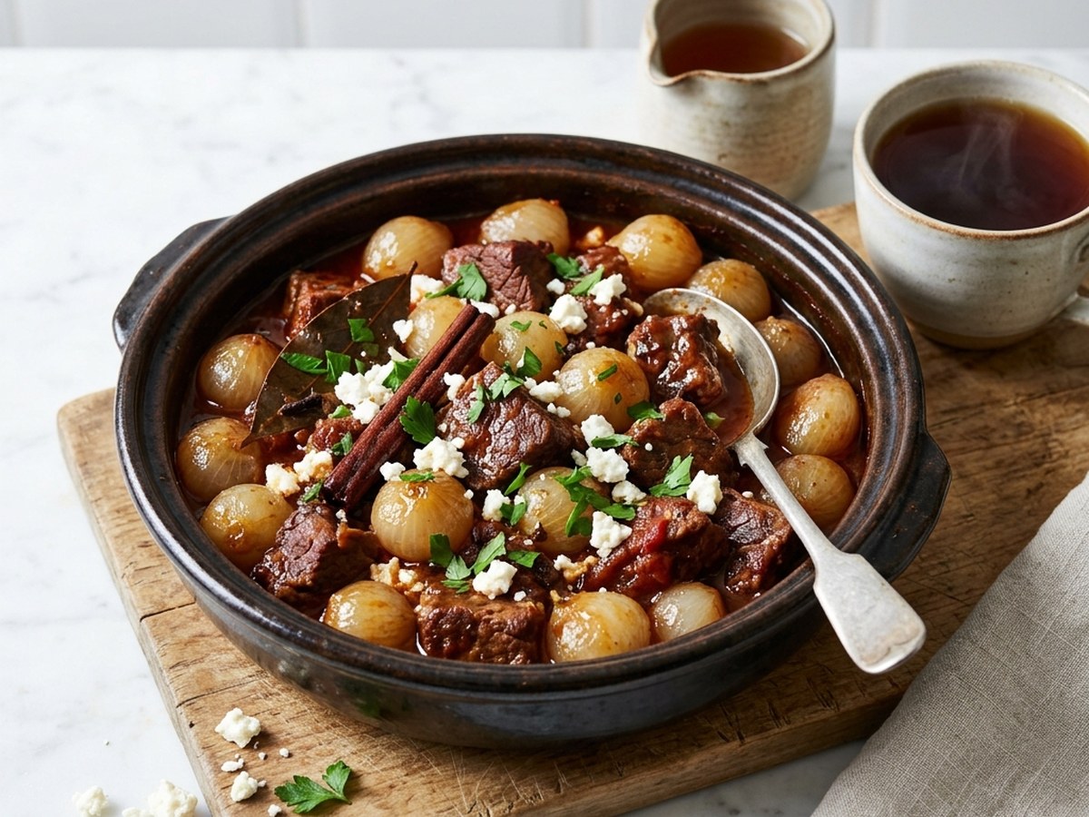 Le stifado grec : du vinaigre à la place du vin, et vingt petits oignons