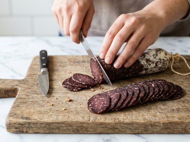 Trancher un saucisson sec : l’angle, l’épaisseur, et la question de la peau