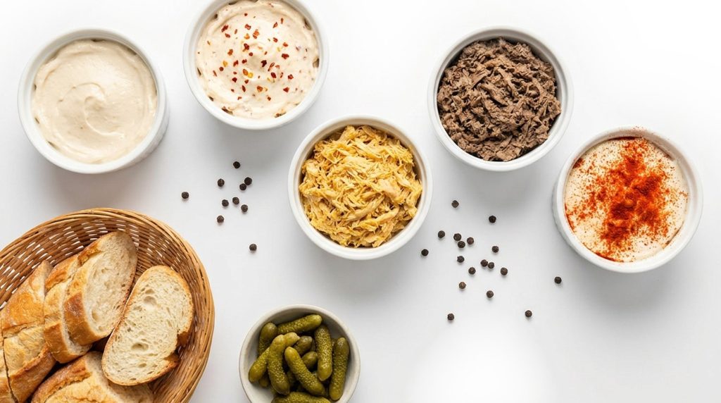 Cinq ramequins de terrines et de rillettes, du pain et des cornichons