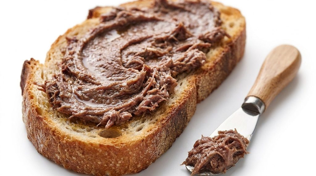 Une tartine de rillette de bœuf et le couteau qui vient de l’étaler