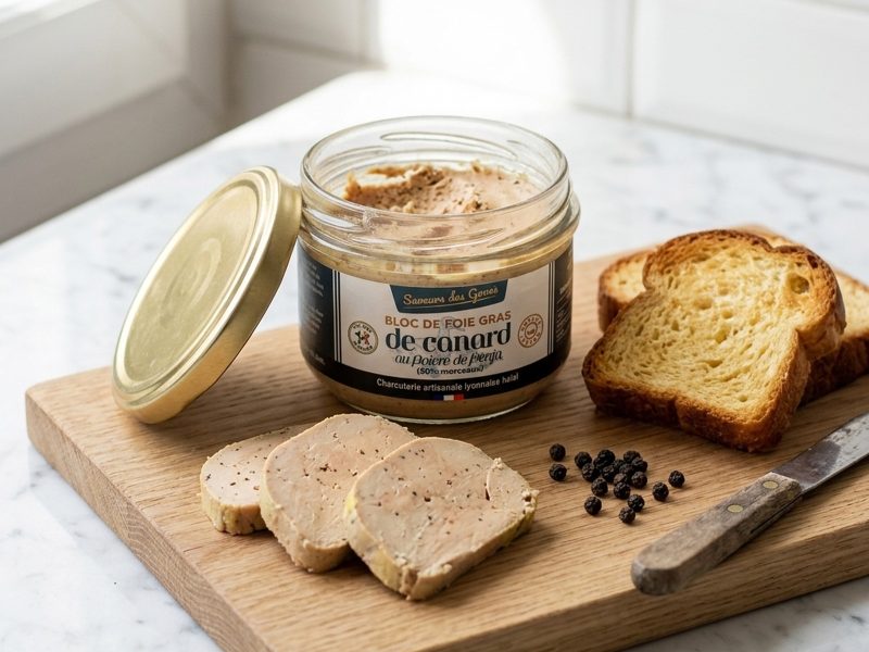 Bloc de foie gras de canard au poivre de Penja, servi sur du pain