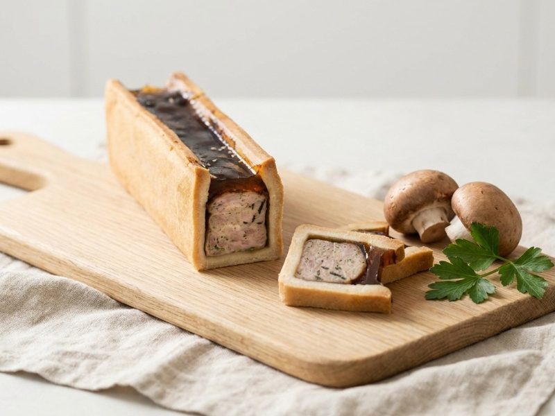 Pâté en croûte forestier, servi sur du pain