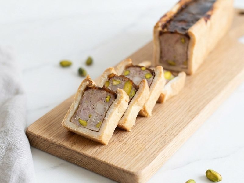 Pâté en croûte pistaché, servi sur du pain