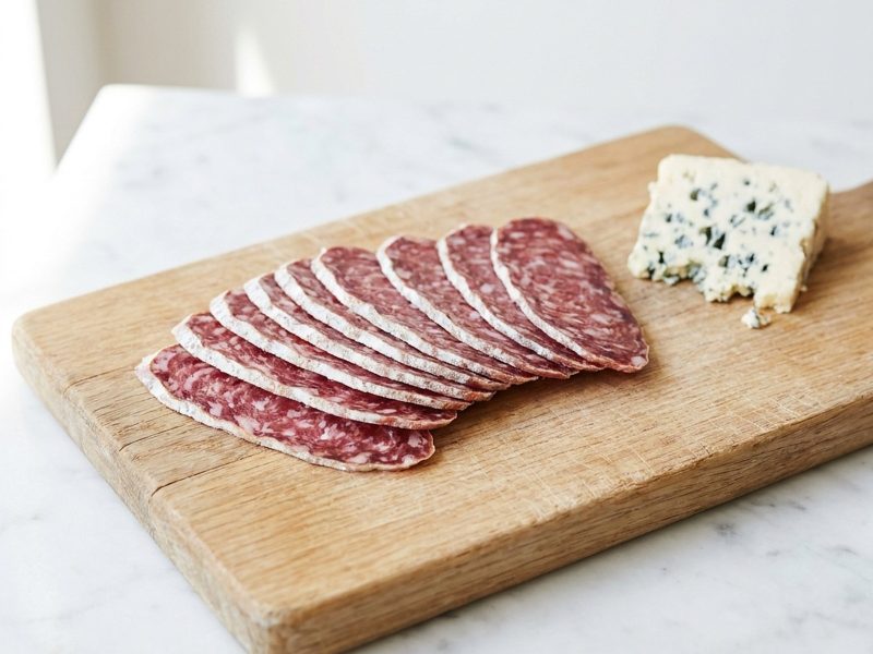 Saucisson sec à la fourme d’Ambert, servi sur du pain