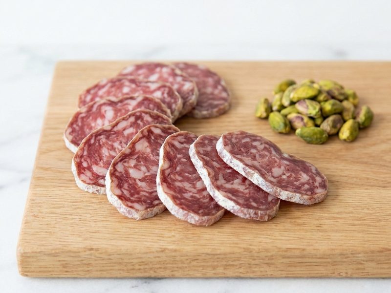 Saucisson sec à la pistache, servi sur du pain