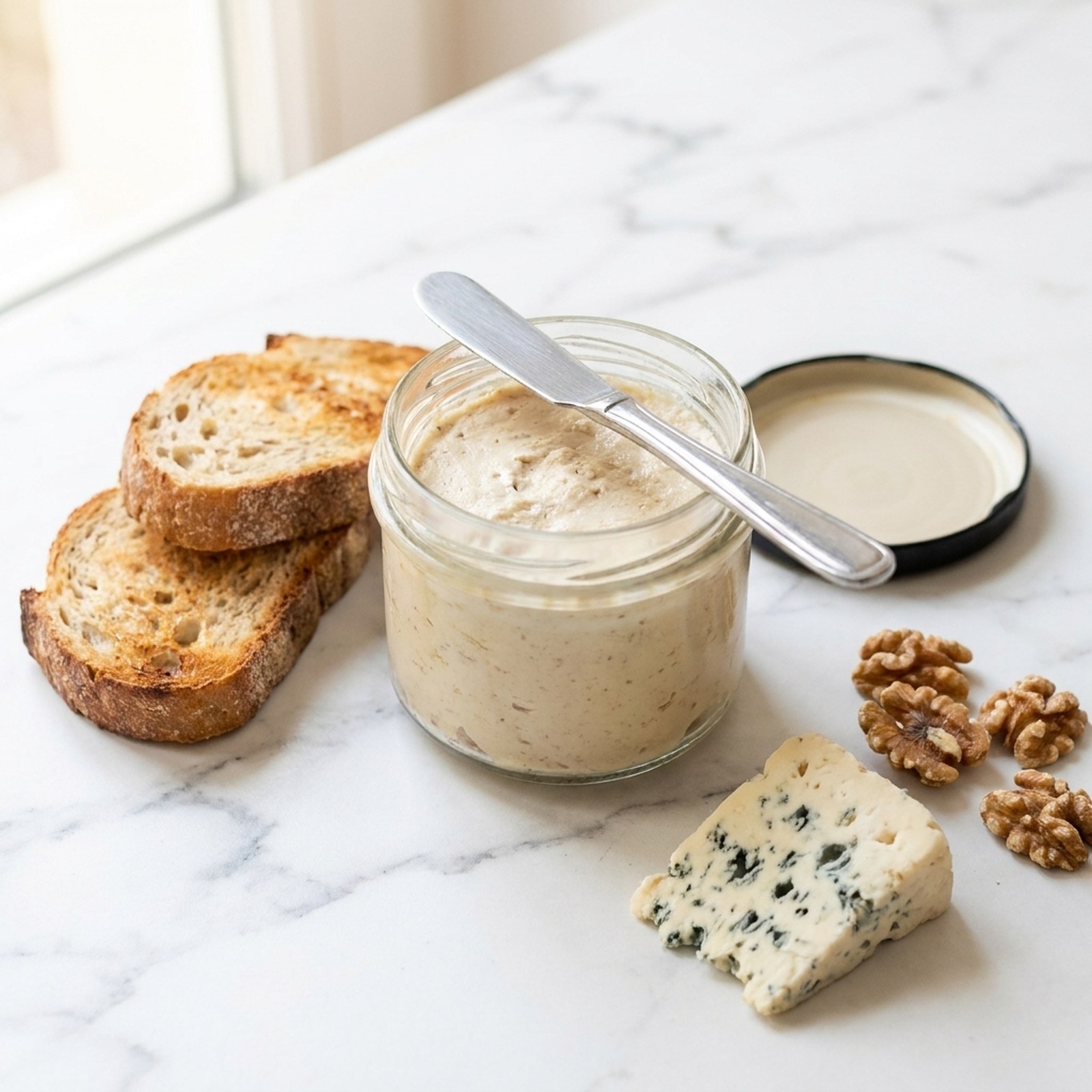 Terrine de poulet au Roquefort, servi sur du pain