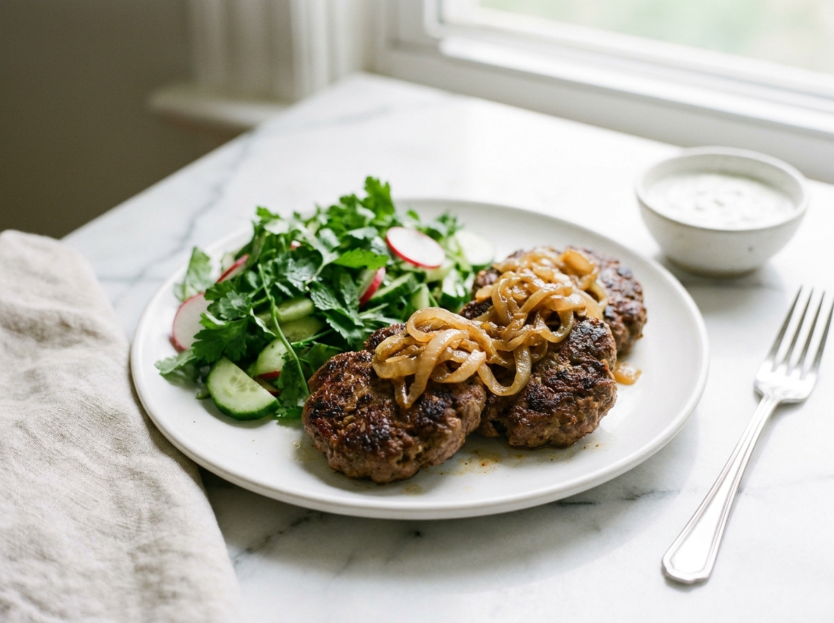 Steaks de kefta aux oignons fondants