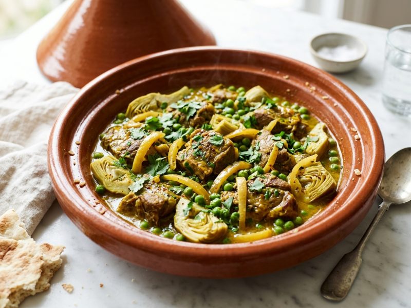 Tajine d’agneau aux artichauts et aux petits pois