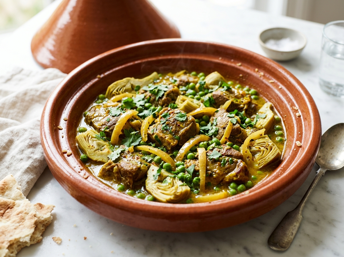 Tajine d’agneau aux artichauts et aux petits pois