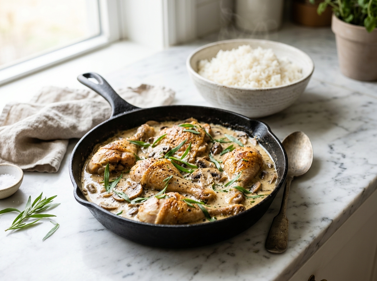 Fricassée de poulet à la crème et aux champignons