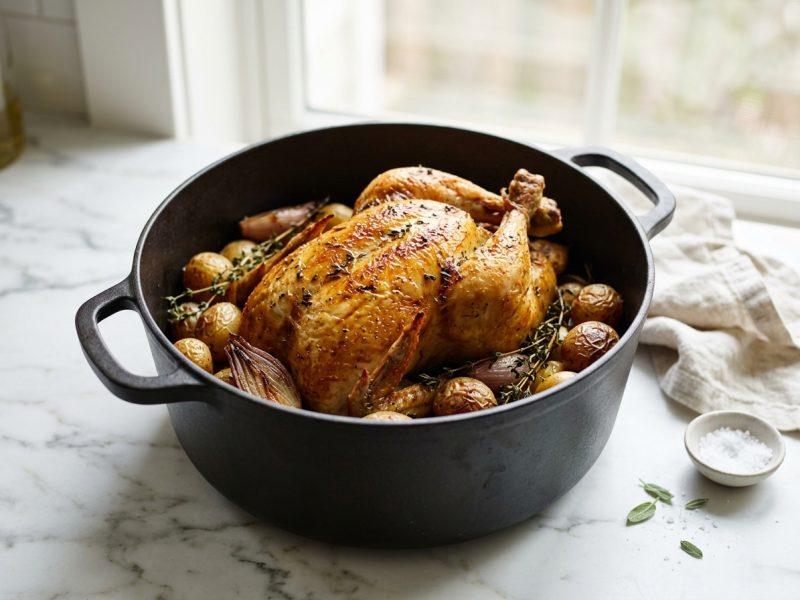 Poulet fermier rôti en cocotte