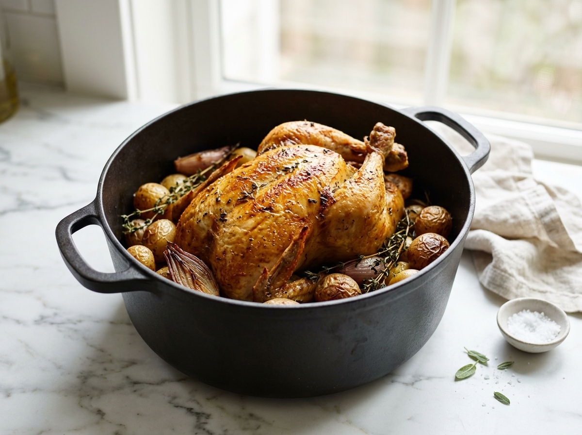 Poulet fermier rôti en cocotte