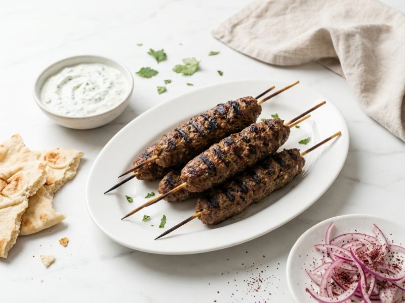Brochettes de kefta, sauce yaourt à la menthe