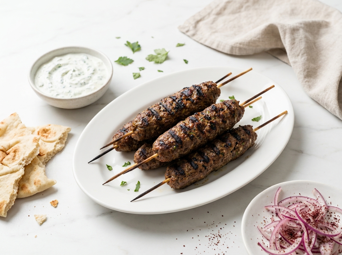 Brochettes de kefta, sauce yaourt à la menthe