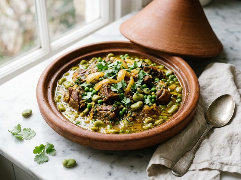 Tajine d’agneau aux fèves et aux petits pois