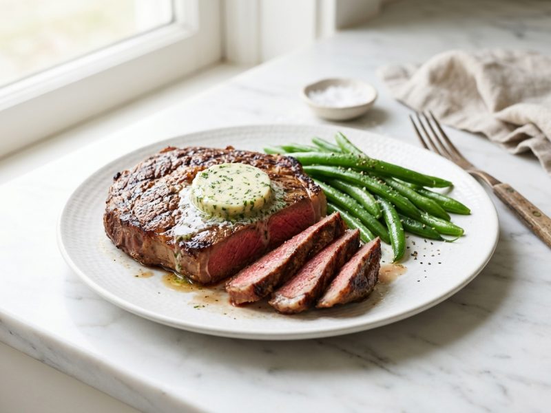 Entrecôte poêlée, beurre d’herbes