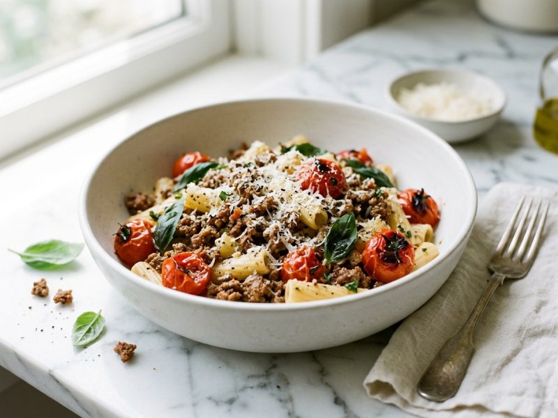 Pâtes à la kefta et aux tomates cerises