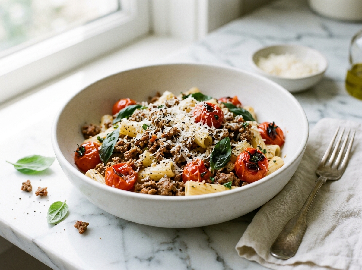 Pâtes à la kefta et aux tomates cerises
