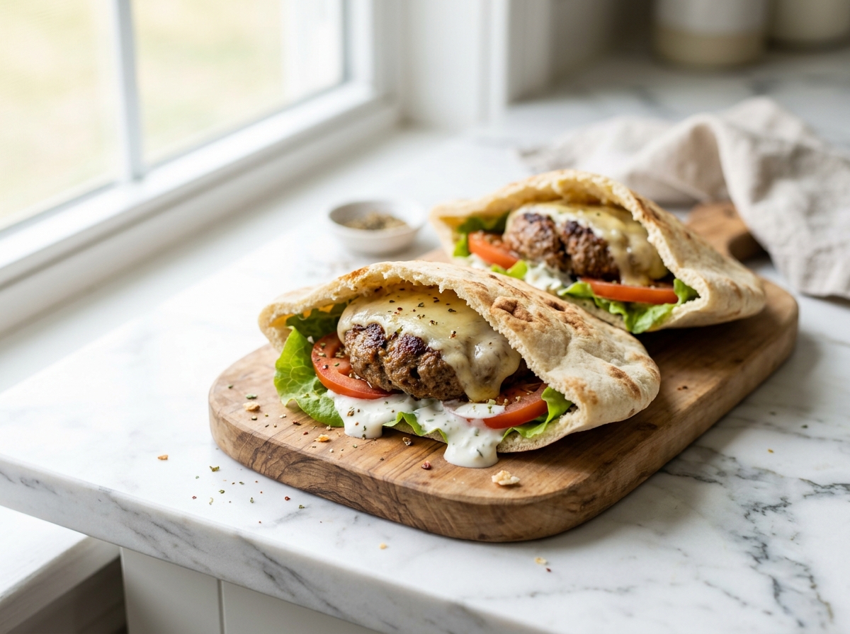 Steaks de kefta au fromage, pain pita