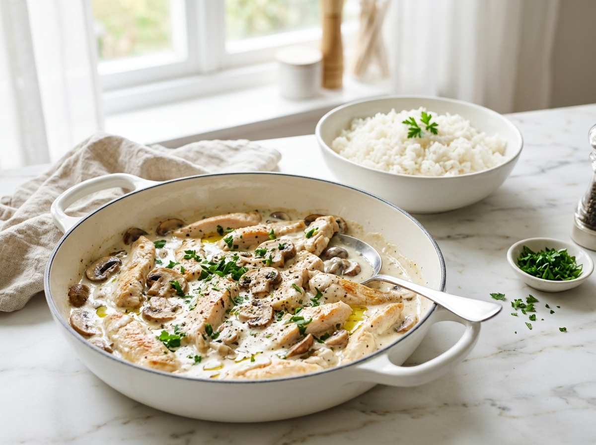 Émincé de poulet aux champignons et à la crème
