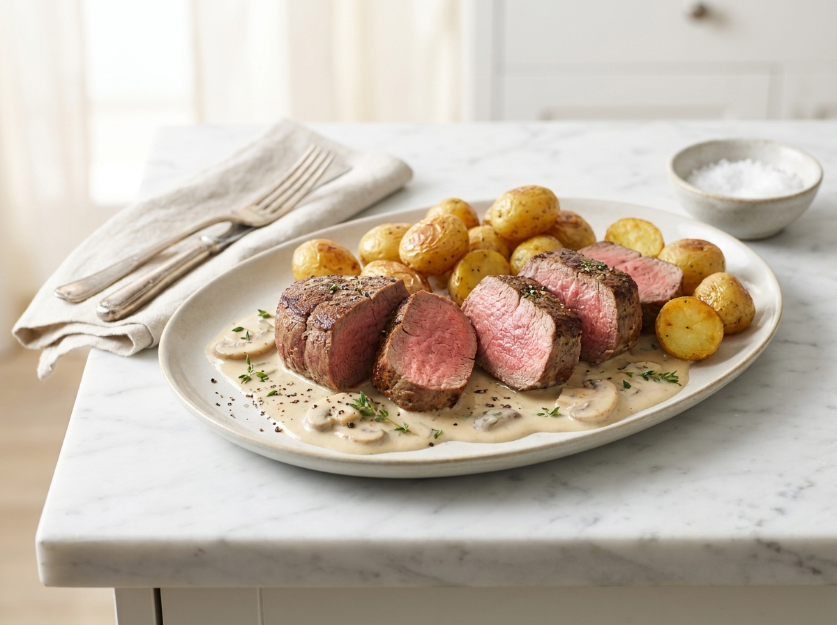 Filet de bœuf rôti, sauce aux champignons