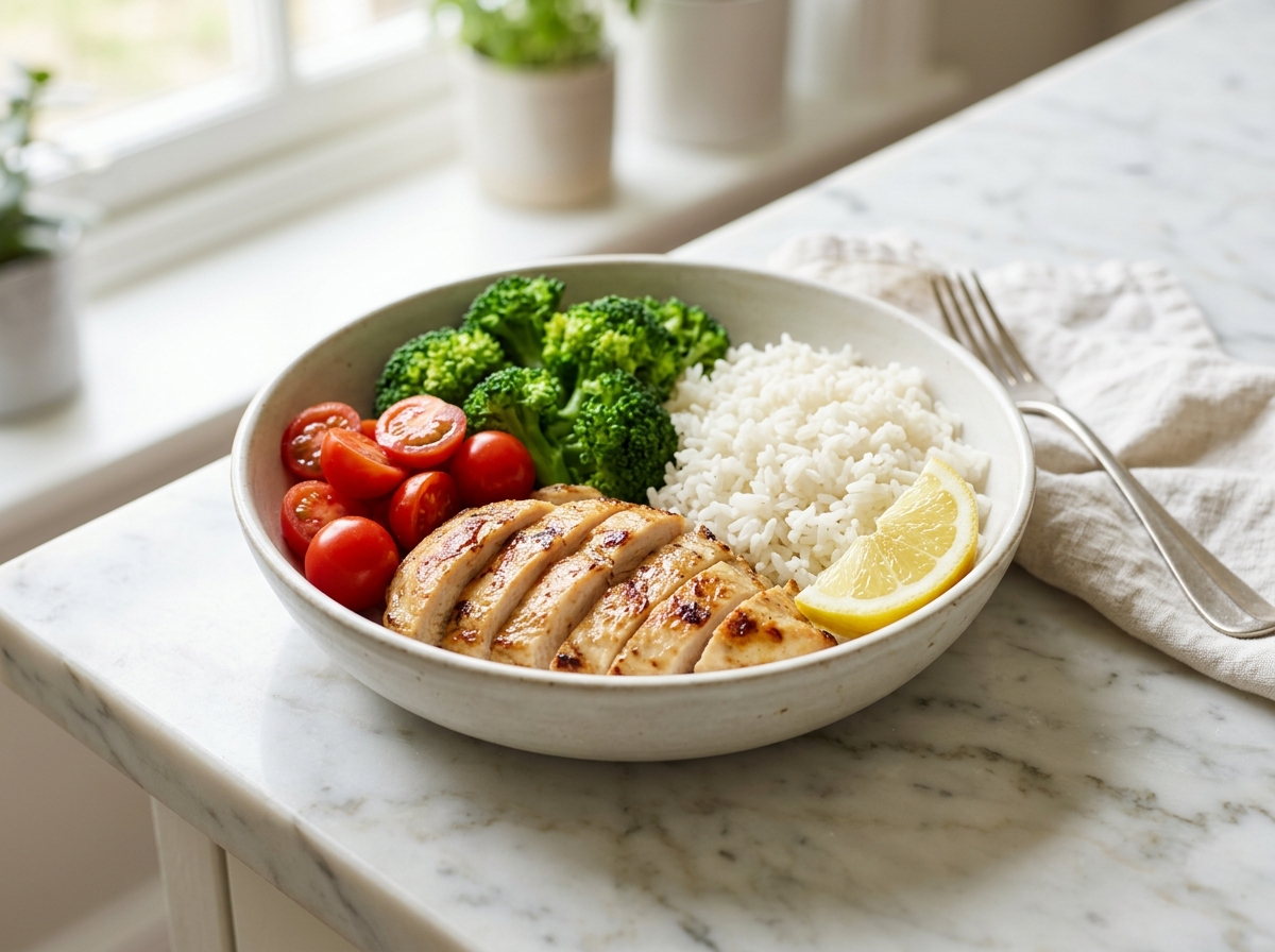 Bowl de poulet, riz et brocolis