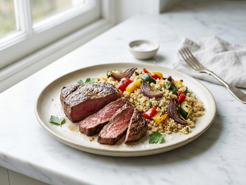 Rumsteck grillé, quinoa et légumes rôtis