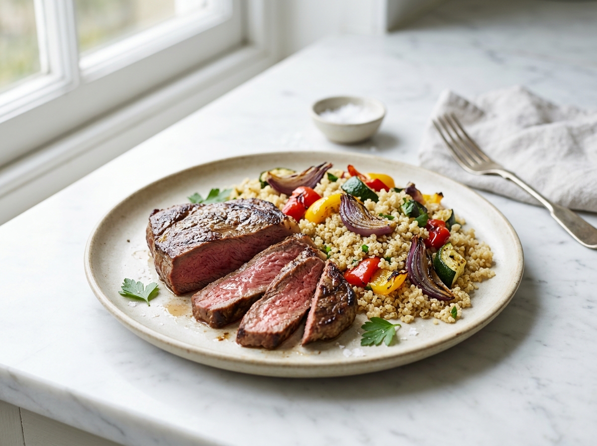 Rumsteck grillé, quinoa et légumes rôtis