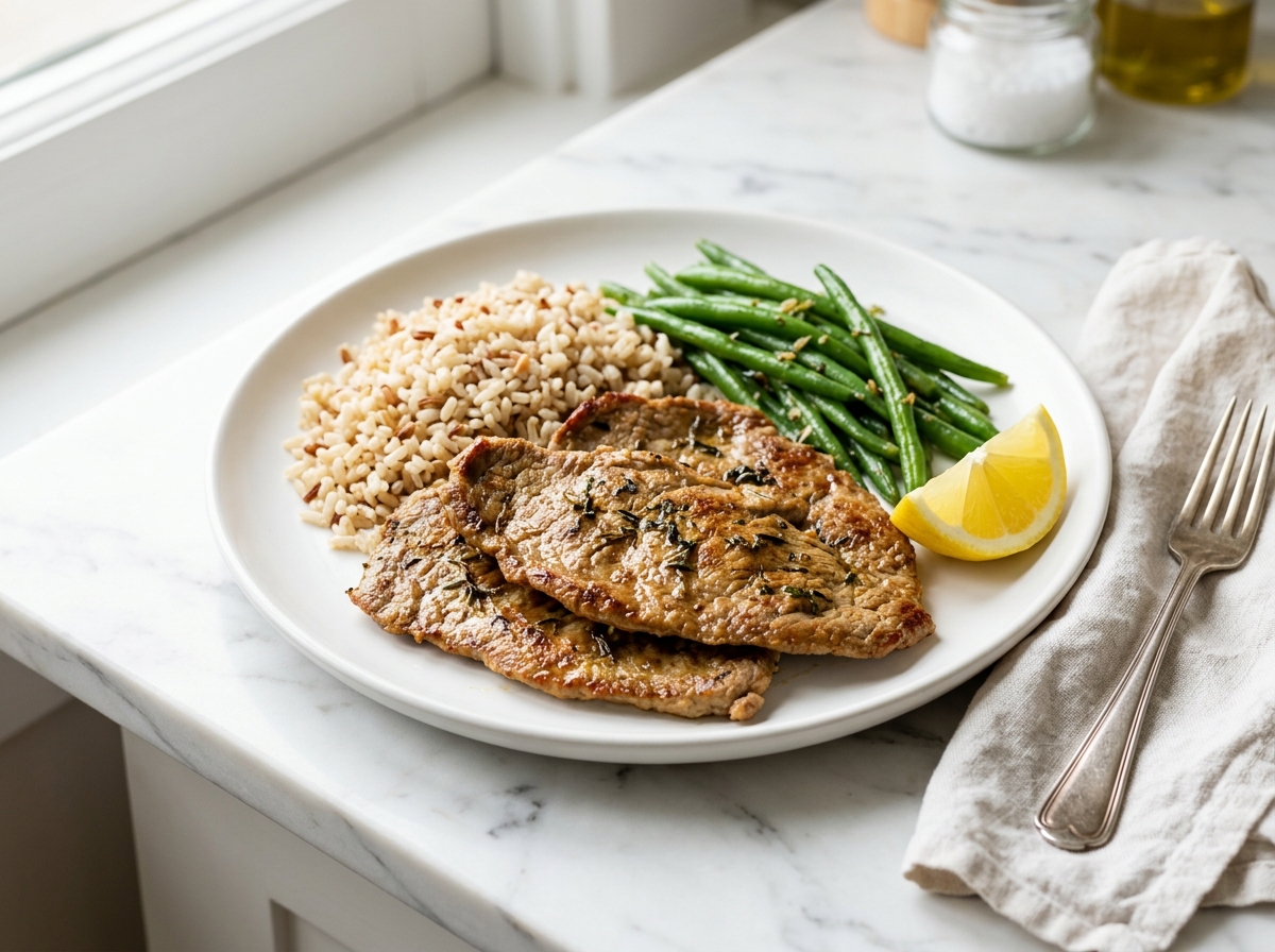 Escalopes de veau au four, riz complet