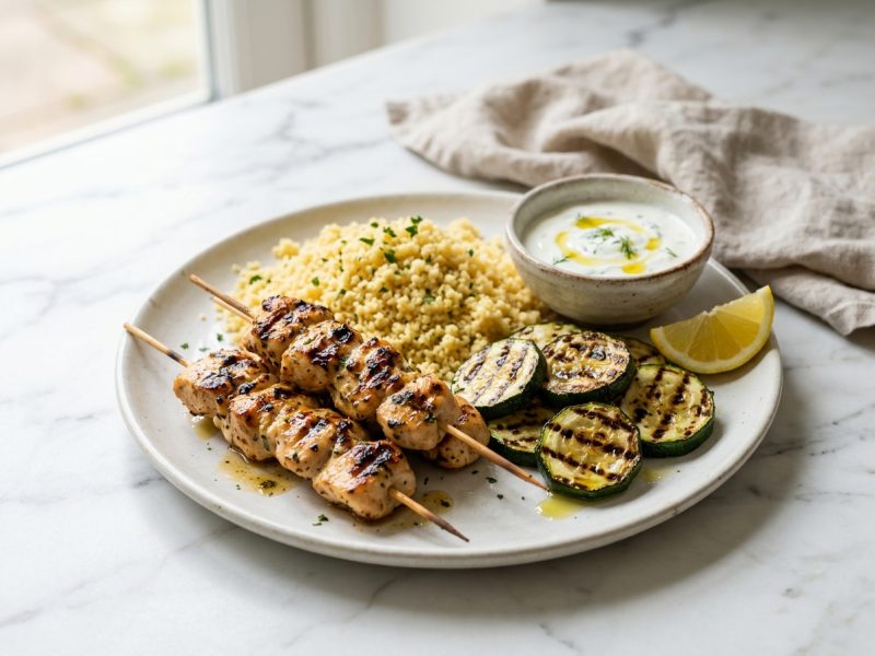 Brochettes de poulet, sauce au yaourt et semoule