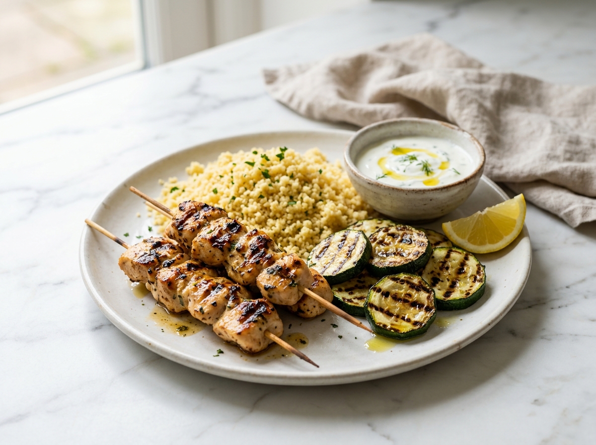 Brochettes de poulet, sauce au yaourt et semoule