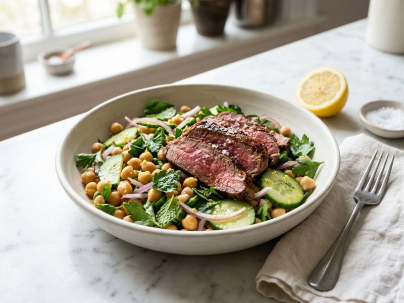 Salade de bœuf, pois chiches et herbes