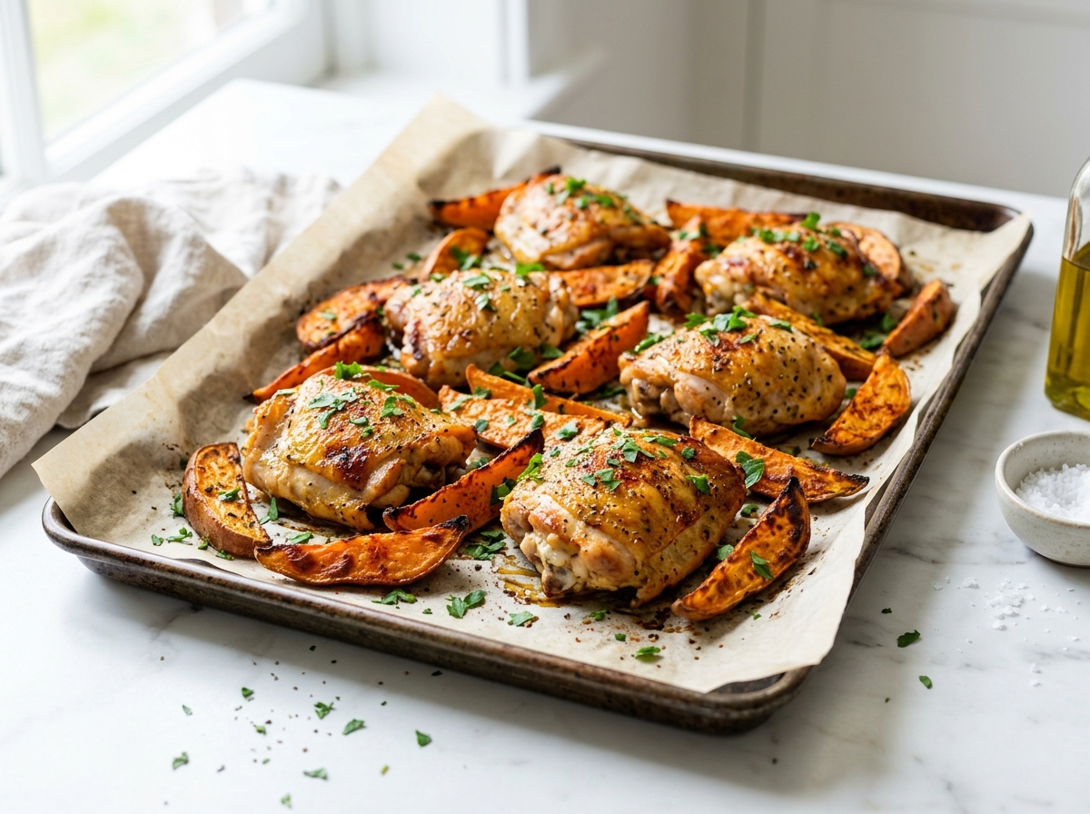 Cuisses de poulet désossées au four, patates douces