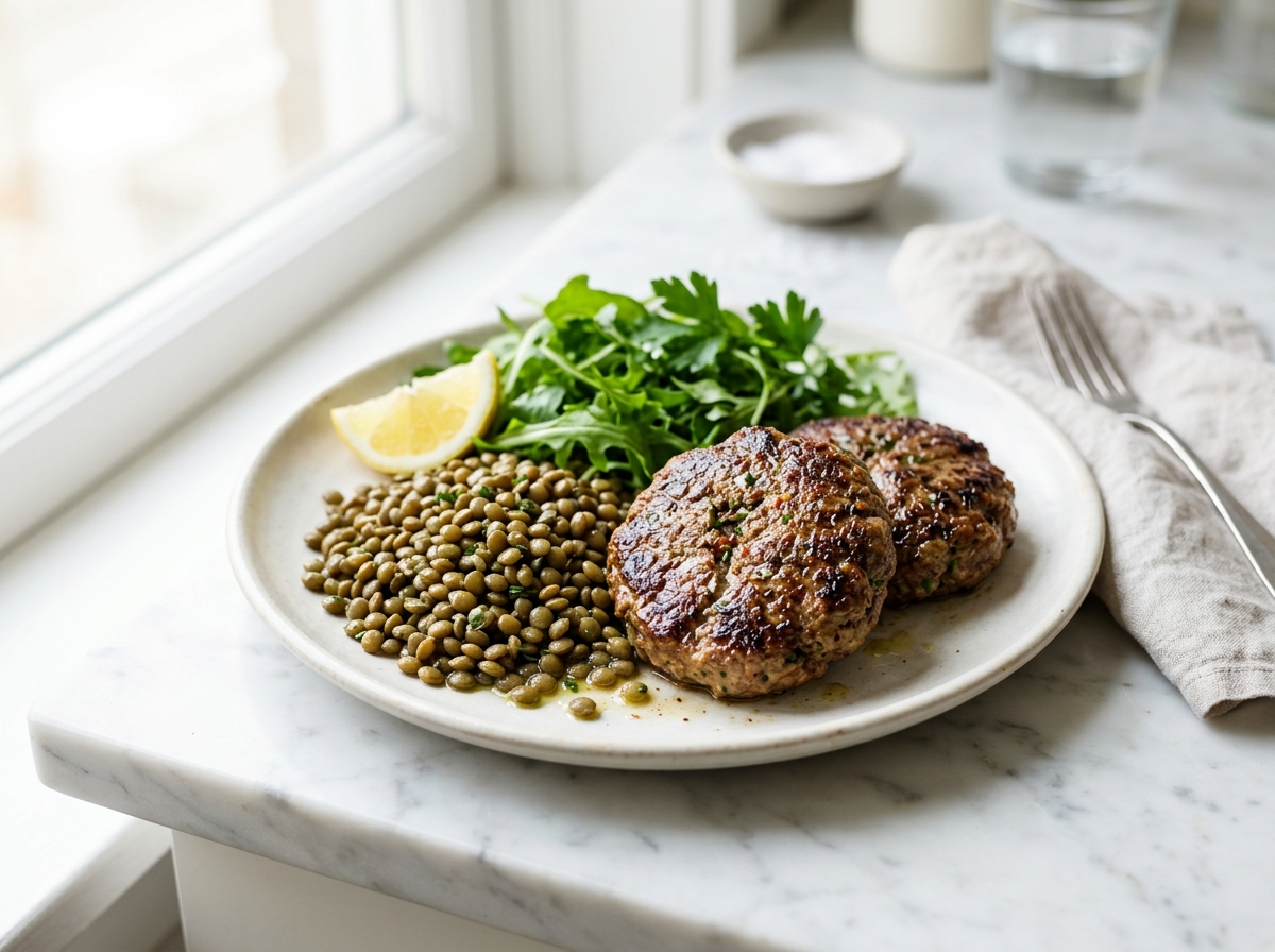 Steaks de kefta, lentilles et salade