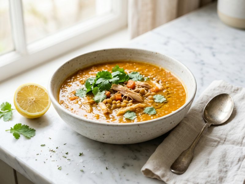 Soupe de poulet, lentilles corail et légumes