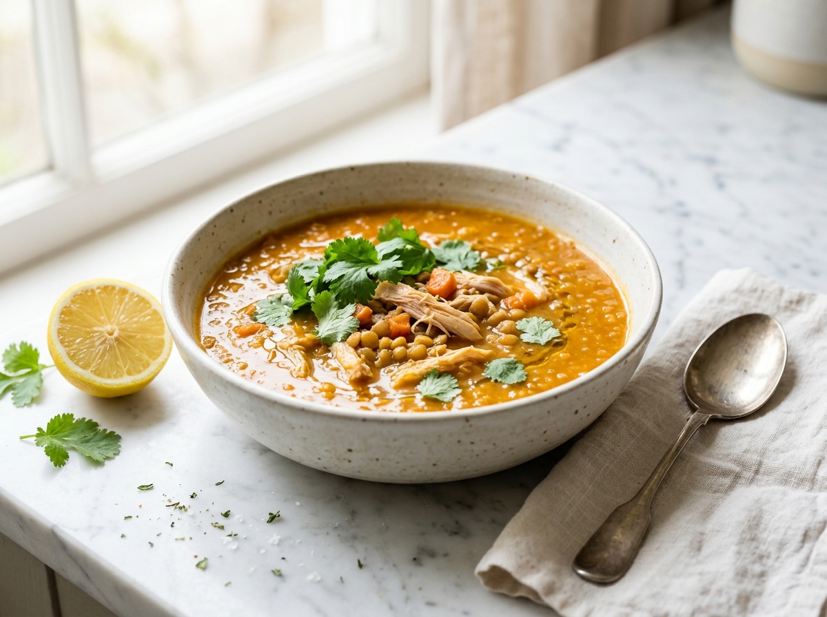 Soupe de poulet, lentilles corail et légumes