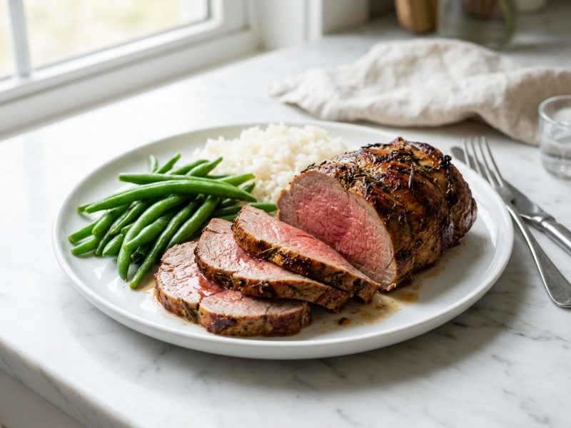 Noix de veau rôtie, haricots verts et riz