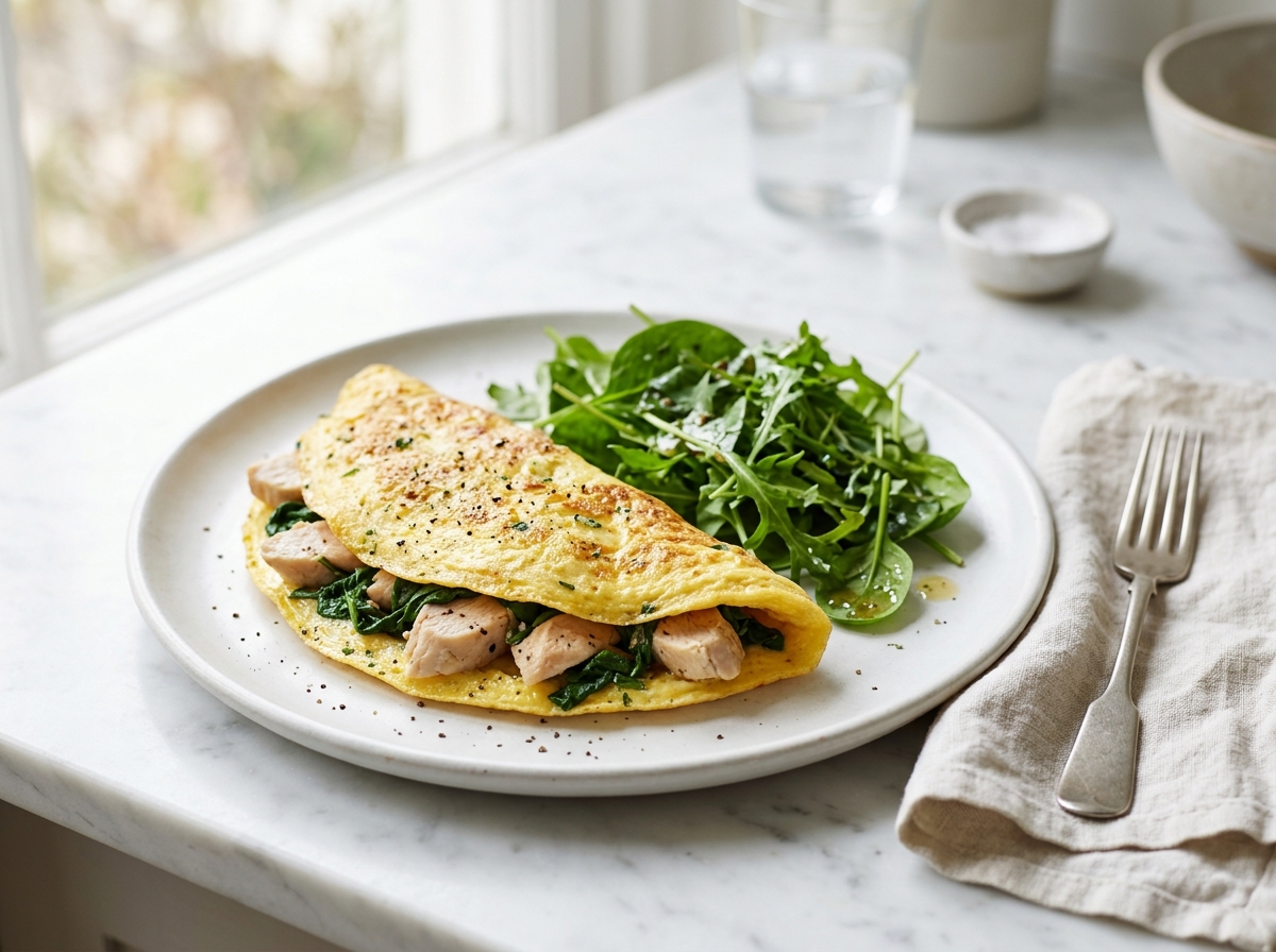 Omelette au poulet et aux épinards