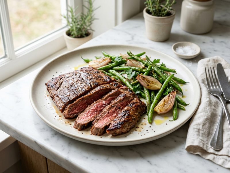 Bavette grillée, salade de haricots verts