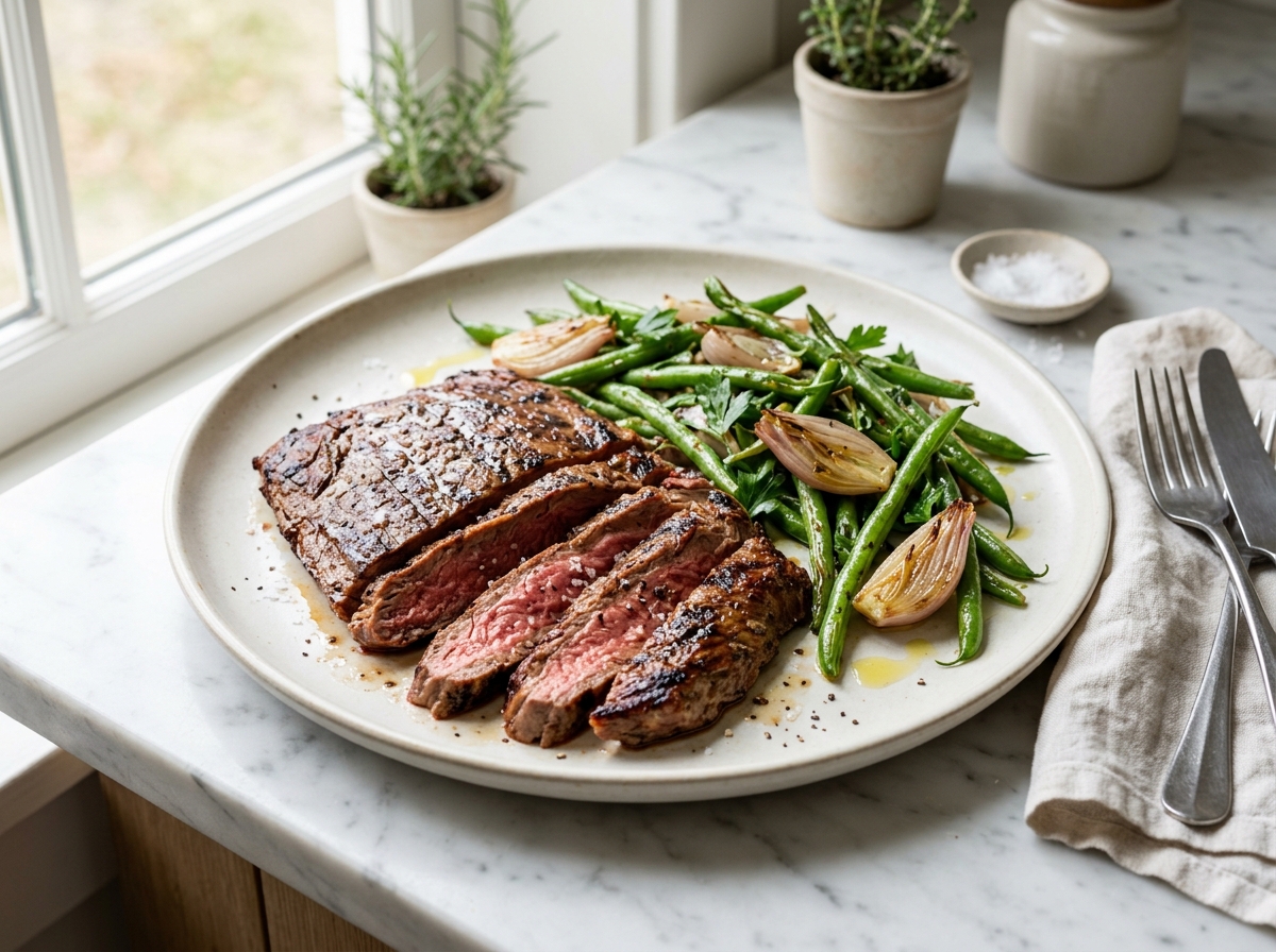 Bavette grillée, salade de haricots verts
