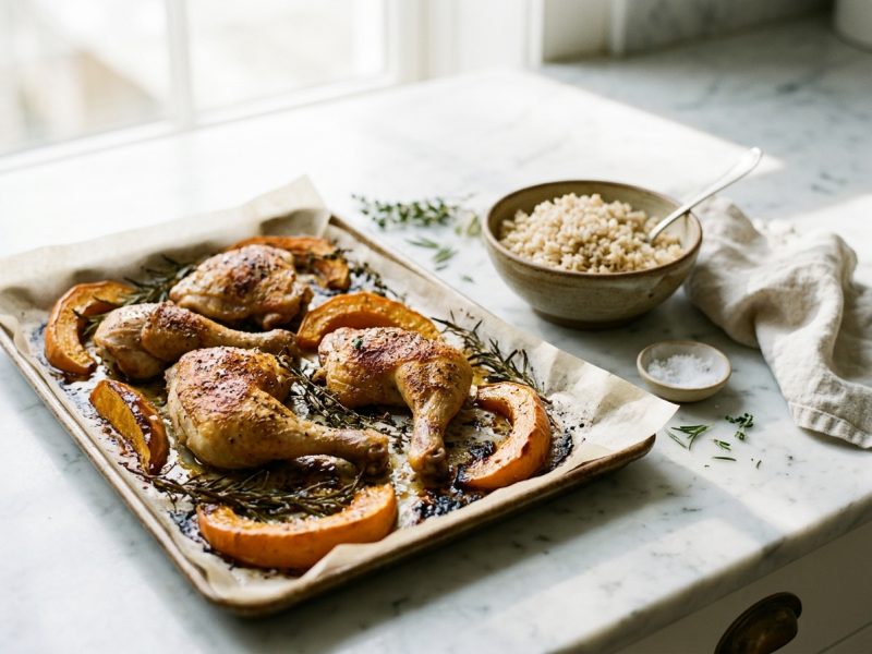 Poulet au four, courge et riz complet