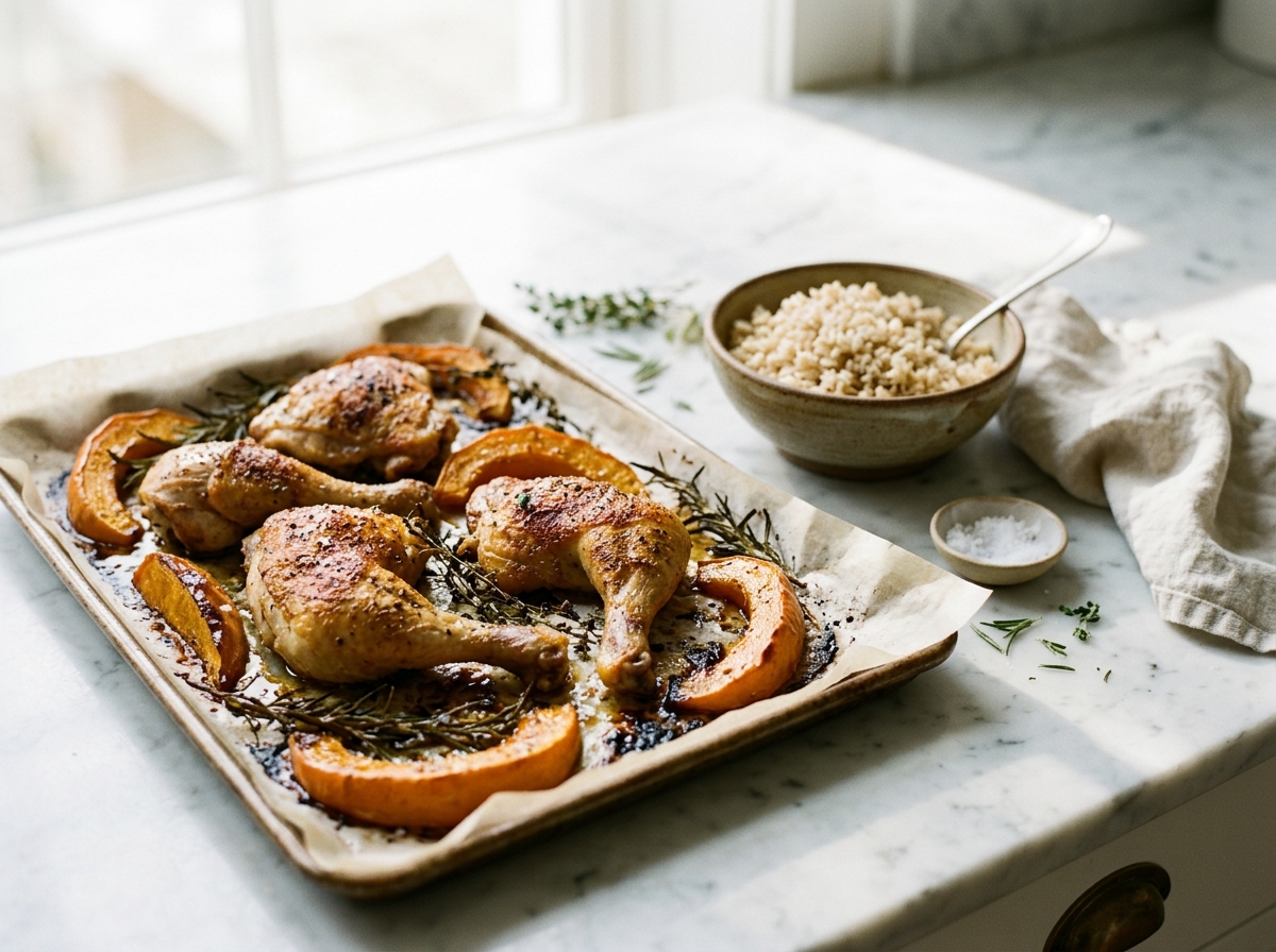 Poulet au four, courge et riz complet
